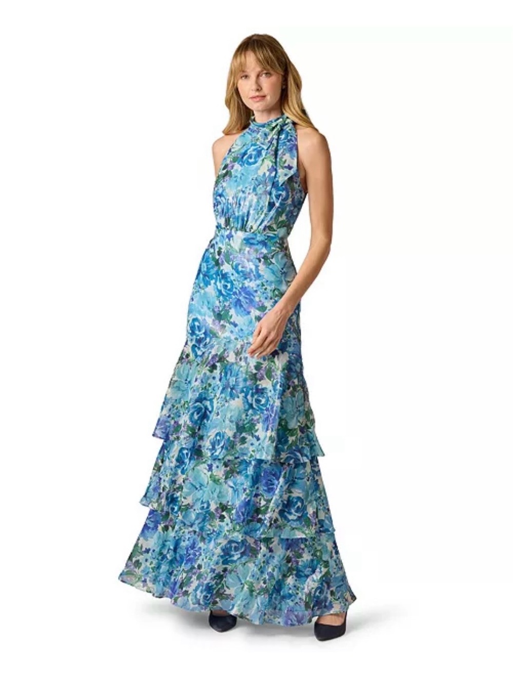 Adrianna Papell Blue & Aqua Floral Halter Tiered Maxi Dress